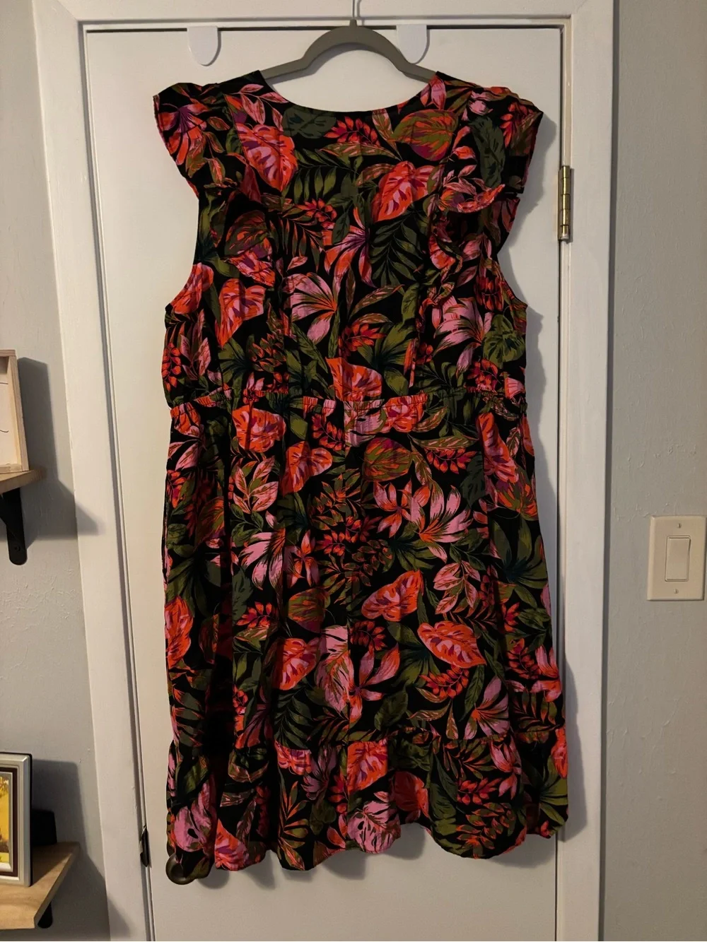 Terra & Sky Black Midi Dress with Pink & Green Tropical Print - Picture 3 of 4